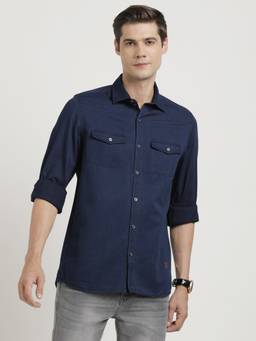 Turtle - Men Cotton Slim Fit Navy Casual Shirt