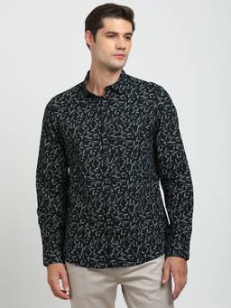 Turtle - Men Cotton Linen Slim Fit Black Casual Shirt