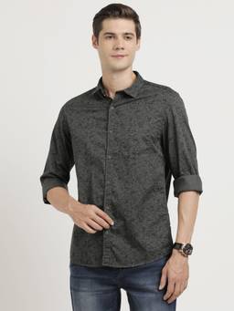 Turtle - Men Cotton Slim Fit Grey Printed Full Sleeve Casual Shirt