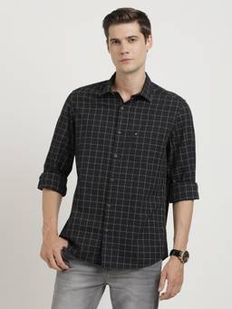 Turtle - Men Cotton Slim Fit Black Check Full Sleeve Casual Shirt