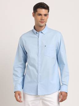 Turtle - Men Cotton Slim Fit Sky Blue Solid Full Sleeve Casual Shirt