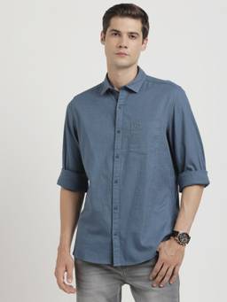 Turtle - Men Cotton Slim Fit Blue Solid Full Sleeve Casual Shirt