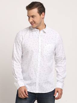 Turtle - Men Cotton Slim Fit White Printed Full Sleeve Casual Shirt