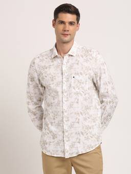 Turtle - Men Cotton Slim Fit Beige Printed Full Sleeve Casual Shirt