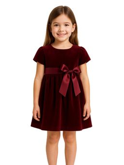 ZIP ZAP ZOOP - Maroon Velvet Round Neck Half Sleeve Bow Embellished Dress