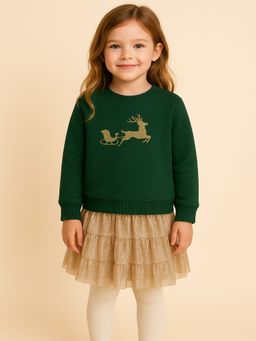 ZIP ZAP ZOOP - Green Reindeer Embroidered Cotton Sweatshirt And Golden Skirt