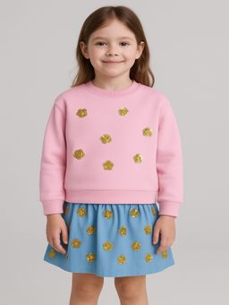 ZIP ZAP ZOOP - Pink Embellished Golden Flower Sweatshirt And Blue Skirt