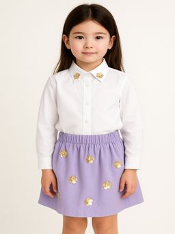 ZIP ZAP ZOOP - White Cotton Golden Flower Embellished Shirt And Lilac Skirt