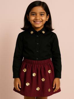 ZIP ZAP ZOOP - Maroon Cotton Embellished Sequin Flower Skirt With Inner Linning