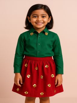 ZIP ZAP ZOOP - Red Cotton Embellished Sequin Flower Skirt With Inner Linning