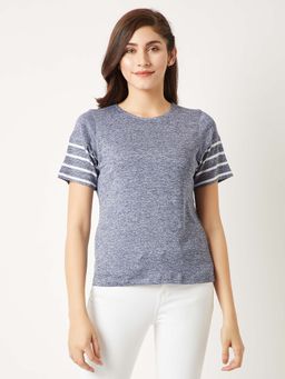 Miss Chase - Women's Blue Round Neck Half Sleeve Cotton Striped Paneled Top