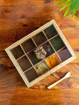 ExclusiveLane - Mystic Owl Hand-Engraved Spice Box with Spoon in Teak Wood