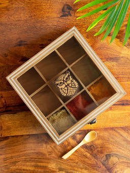 ExclusiveLane - Mystic Owl Hand-Engraved Spice Box with Spoon in Teak Wood