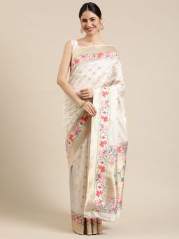 Sareemall - Women Silk Blend Off White Woven Design Celebrity Saree with Blouse Piece