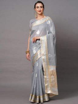 Sareemall - Grey Festive Silk Blend Woven Design Saree with Unstitched