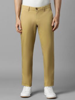 Louis Philippe - Men Khaki Slim Tapered Fit Solid Flat Front Casual Trousers