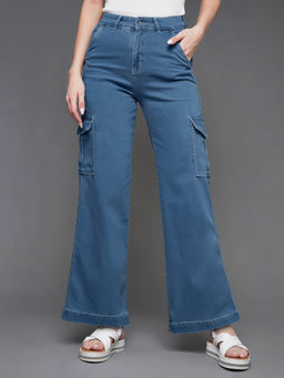 Miss Chase - Womens Blue Wide Leg High Rise Stretchable Denim Jeans
