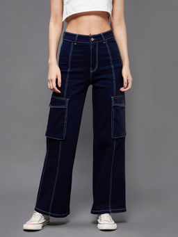 Miss Chase - Womens Navy Blue Wide Leg Mid Rise Stretchable Denim Jeans