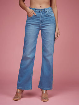 Miss Chase - Womens Light Blue Wide-Leg Mid Rise Blast Effect Jeans