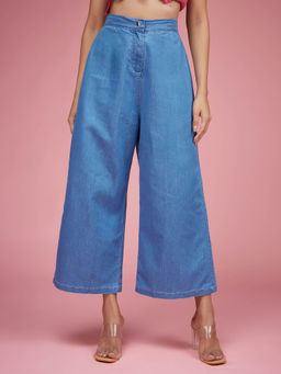 Miss Chase - Women's Blue Wide-Leg High Rise Non Stretchable Light Weight Denim Pants