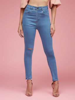Miss Chase - Womens Blue Skinny High-Rise Distressed Denim Jeans