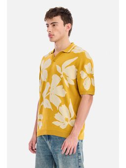 Snitch - Mustard Floral Half Sleeves Oversized Polo T-Shirt for Men