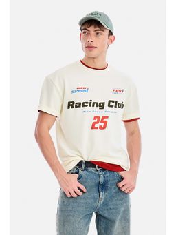 Snitch - Off-White Typography Half Sleeves Oversized Casual T-Shirt for Men