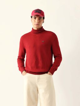The Bear House - Men's Maroon Solid Turtle Neck T-Shirt
