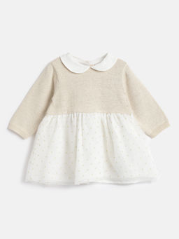Chicco - Girls Beige Round Neck Fit & Flare Dress