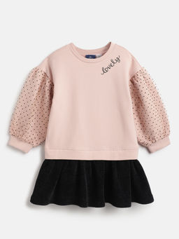 Chicco - Girls Peach Polka Dot Cuffed Round Neck A-Line Dress