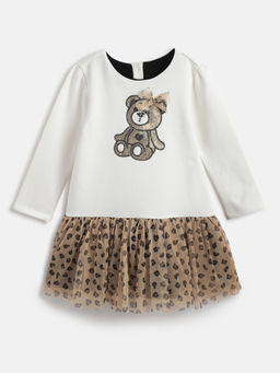 Chicco - Girls White Round Neck Full Sleeves Fit & Flare Dress