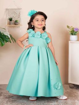 Lagorii - Girls Green Sleeveless Floral Embellishment Pearl Gown