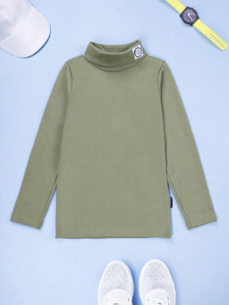 KiddoPanti - Kids Green Cotton Turtle Neck Full Sleeve T-Shirt