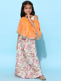 Tales & Stories - Girls White Floral Printed Maxi Dress with Cover-Up