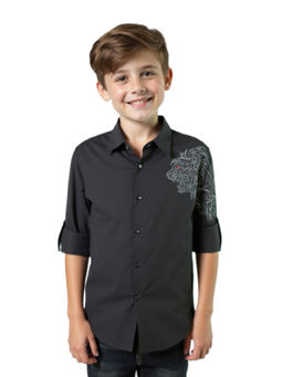 CHARCHIT - Boys Black Regular Fit Embroidered Full Sleeves Shirt