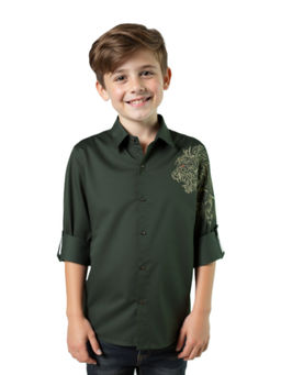 CHARCHIT - Boys Green Regular Fit Embroidered Full Sleeves Shirt