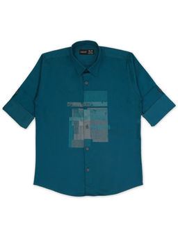 CAVIO - Boys Teal Cotton Regular Fit Printed Full Sleeves Casual Shirt