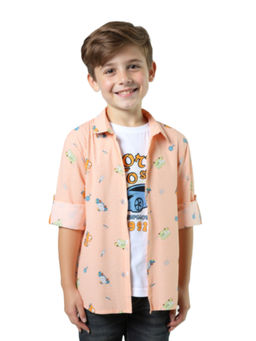CAVIO - Boys Peach Cotton Regular Fit Printed Full Sleeves Casual Shirt with T-Shirt