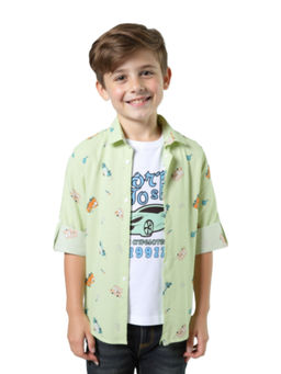 CAVIO - Boys Green Cotton Regular Fit Printed Full Sleeves Casual Shirt with T-Shirt