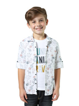 CAVIO - Boys White Cotton Regular Fit Printed Full Sleeves Shirt with T-Shirt