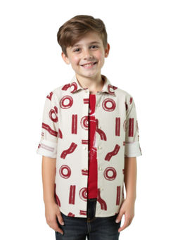 CAVIO - Boys Red Cotton Regular Fit Printed Full Sleeves Casual Shirt with T-Shirt