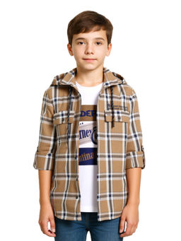 CAVIO - Boys Khaki Cotton Regular Fit Checks Full Sleeves Hooded Shirt with T-Shirt