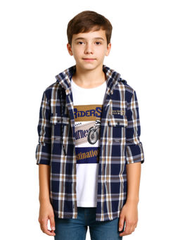 CAVIO - Boys Navy Blue Cotton Regular Fit Checks Full Sleeves Hooded Shirt with T-Shirt
