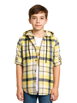 CAVIO - Boys Yellow Cotton Regular Fit Checks Full Sleeves Hooded Shirt with T-Shirt