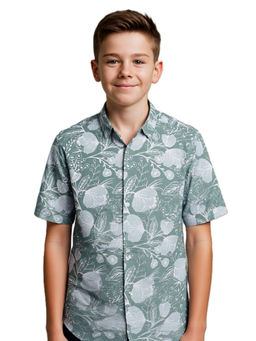 CAVIO - Boys Green Cotton Floral Printed Casual Half Sleeve Shirt