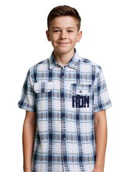 CAVIO - Boys Navy Blue Cotton Checks Casual Half Sleeve Shirt