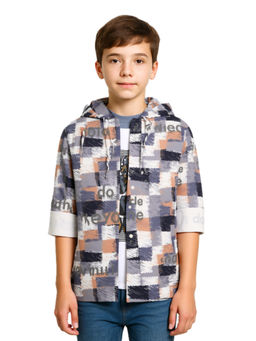 CAVIO - Boys Grey Regular Fit Checks Full Sleeves Hooded Casual Shirt with T-Shirt