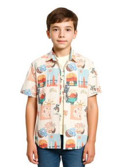 CAVIO - Boys Cream Printed Regular Fit Half Sleeves Casual Shirt with T-Shirt