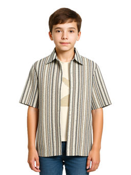 CAVIO - Boys Cream Stripes Regular Fit Printed Half Sleeves Casual Shirt & T-Shirt
