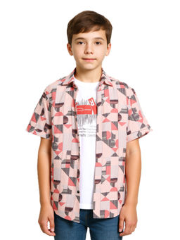 CAVIO - Boys Peach Cotton Regular Fit Printed Half Sleeves Shirt with T-Shirt